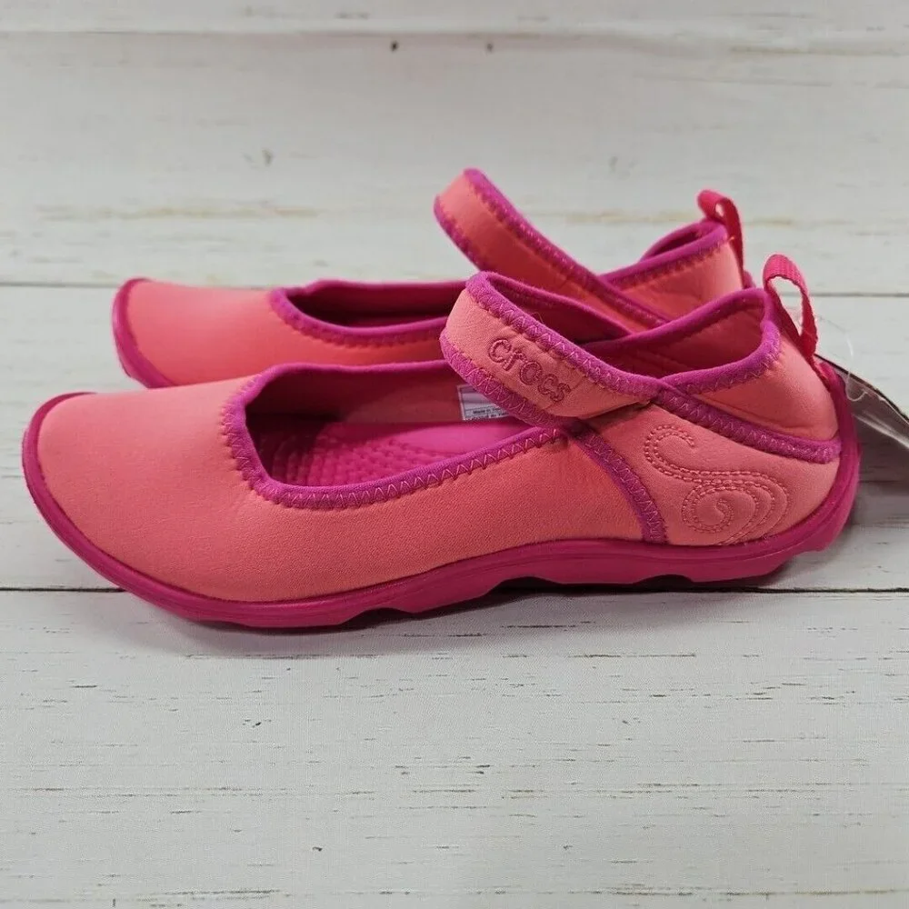 Crocs Duet Busy Day Coral‎ Pink Mary Jane Slip On Shoes Girls J2 Ballet 15352